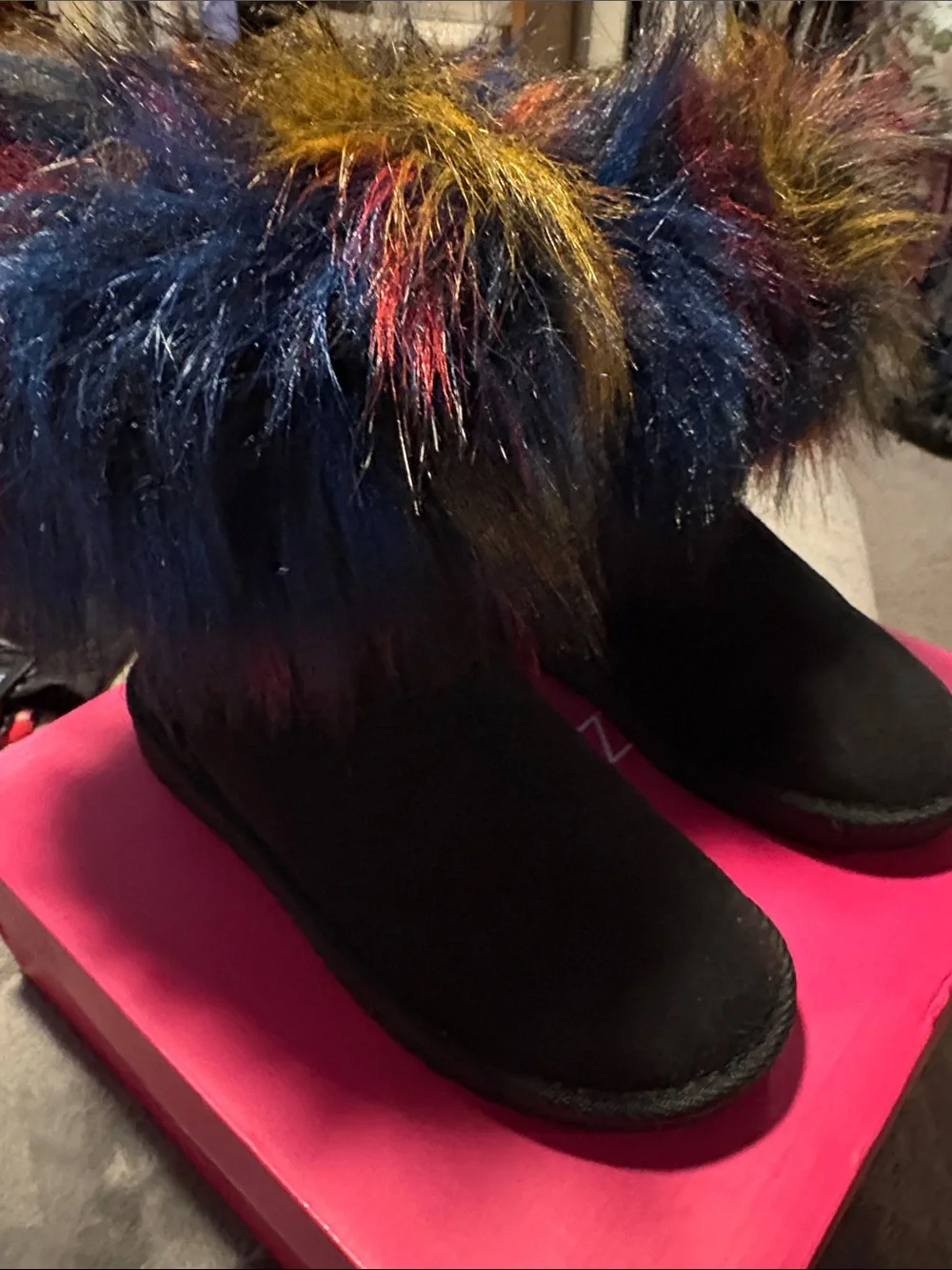 Shoe Dazzle Kids Black Boots with Multicolor Faux Fur Cuff